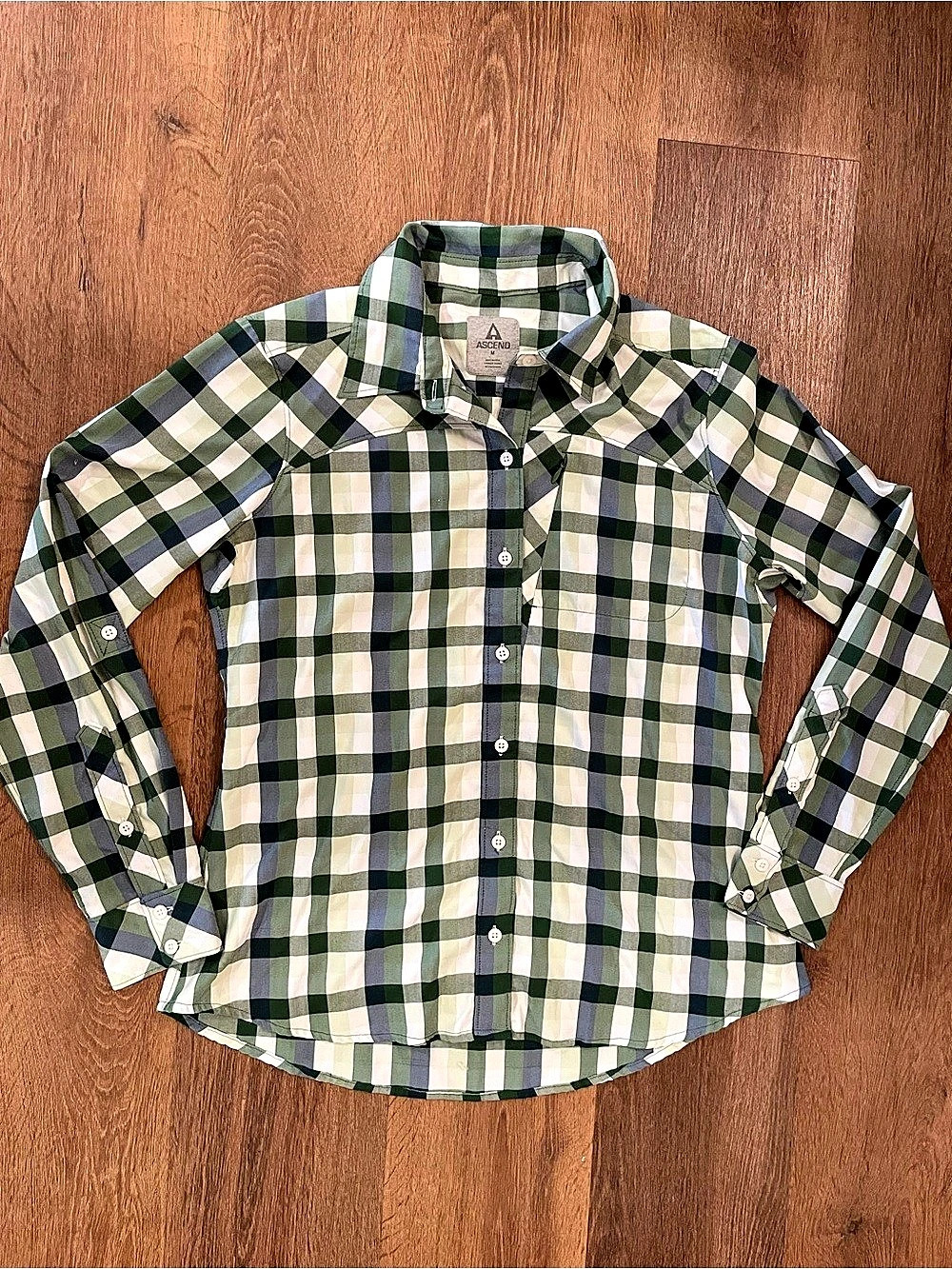 Ascend Women’s Medium Green Blue Plaid Long Sleeve Button-Up Outdoors Hiking